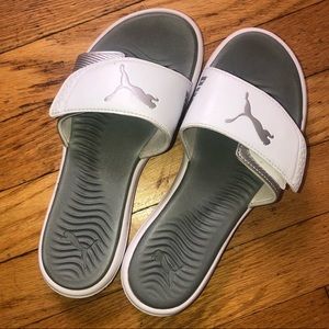 White and silver Puma Flip Flops